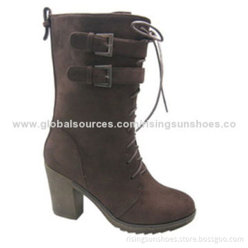 Women's high heel dress boots, knee height shaft with lace-up design, metal buckles decoratedNew